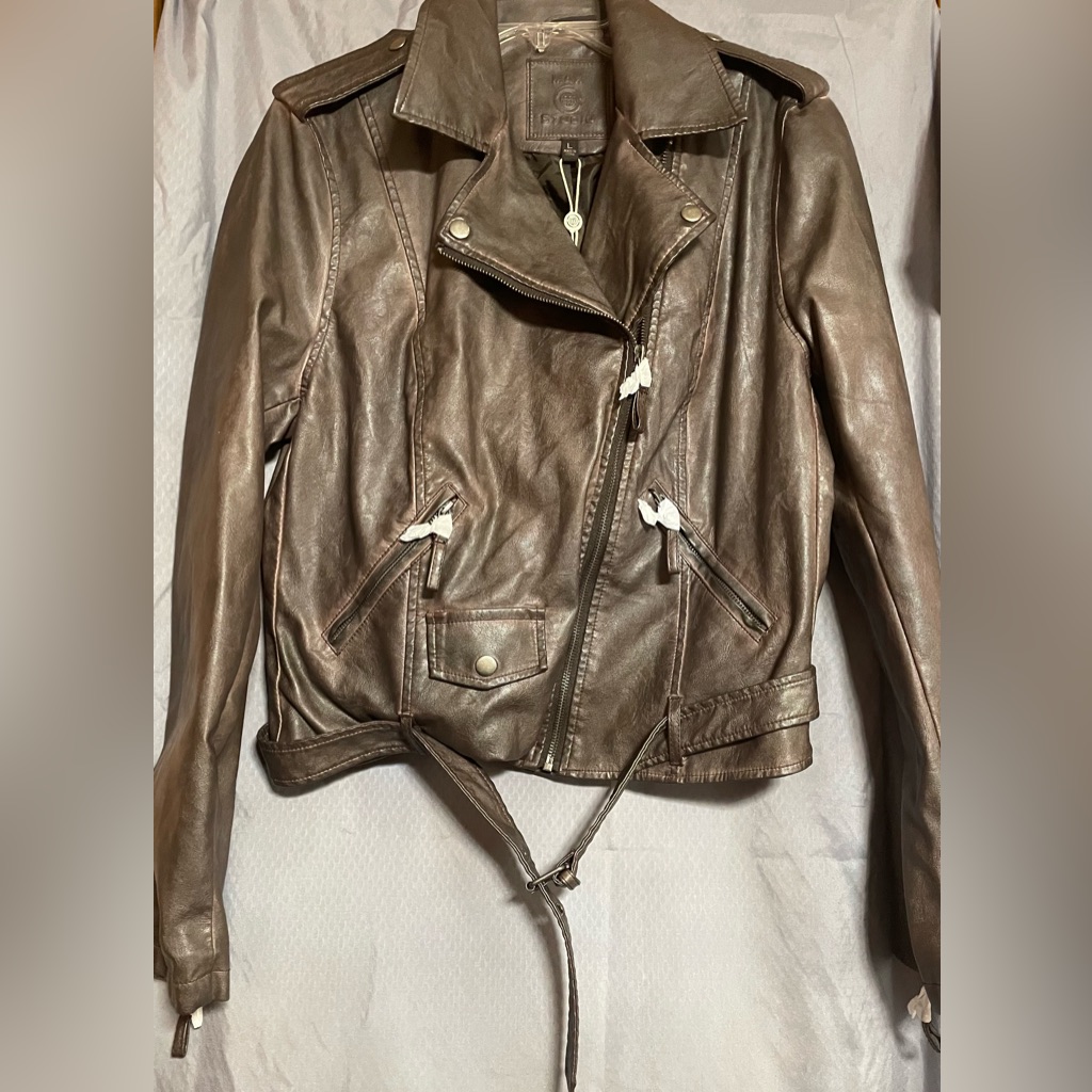 Max Studio Brown Leather Moto Jacket Asymmetrical Design